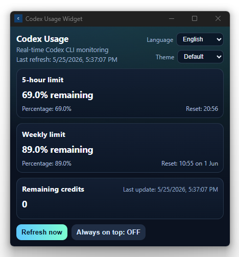 Codex Usage Widget - preview do app