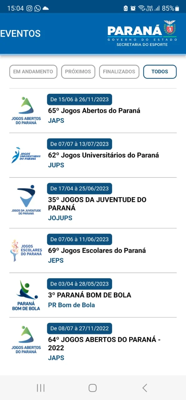 Parana Esporte - tela inicial